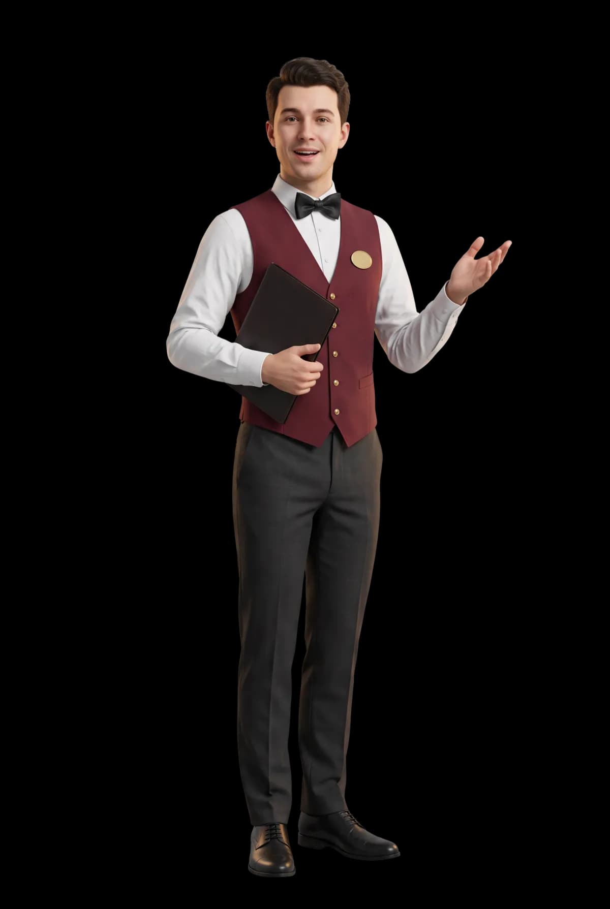 Illustrated dining host in a burgundy waistcoat and bow tie, gesturing with an open hand.