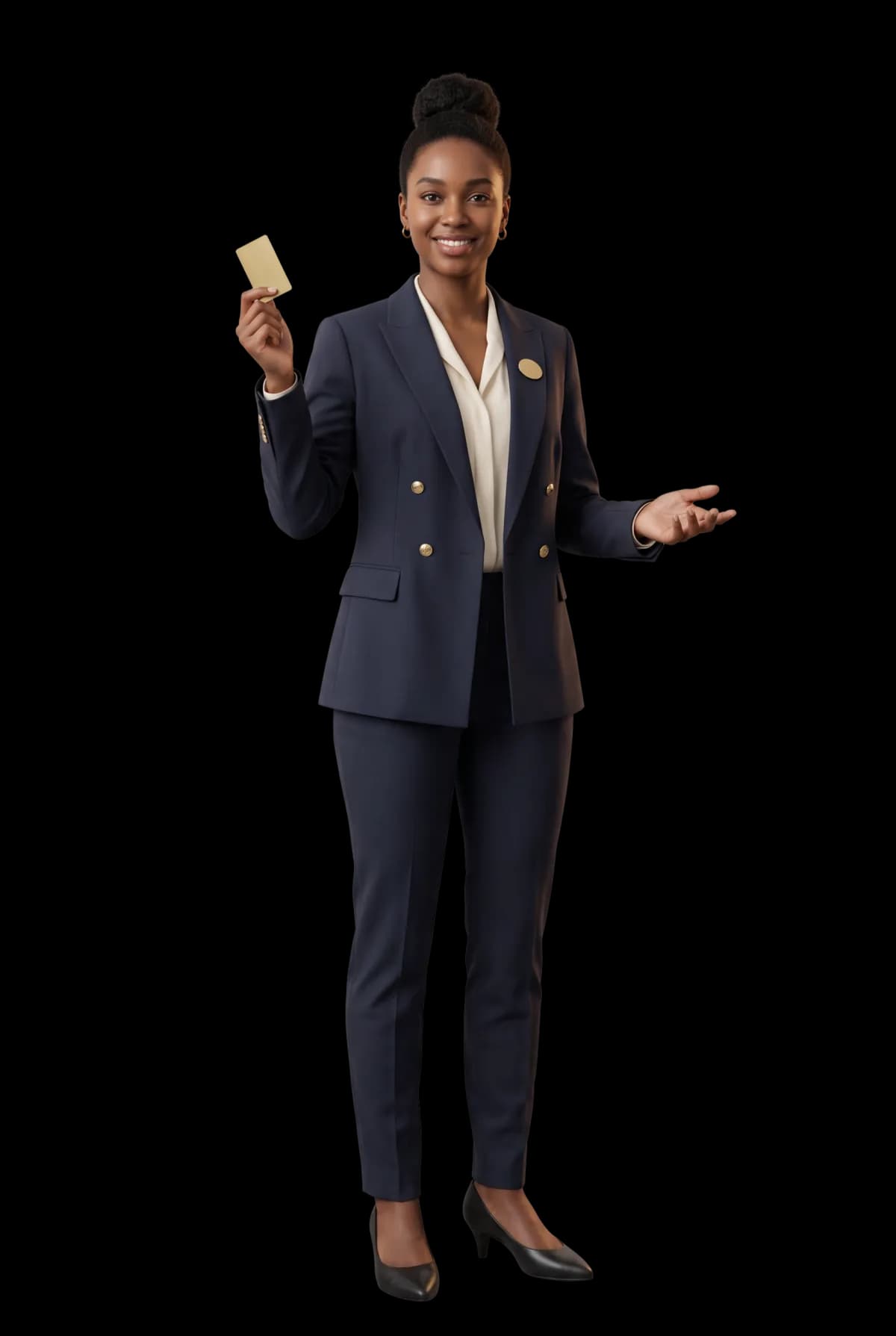 Illustrated front desk agent in a navy suit, holding up a room key card.