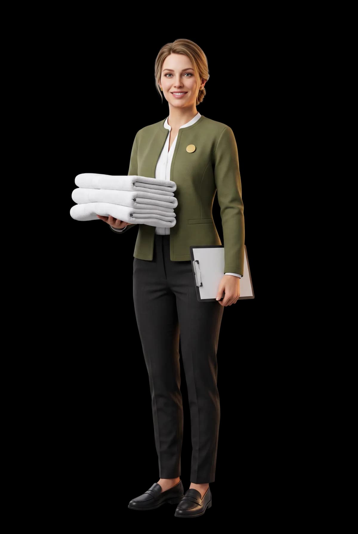 Illustrated service coordinator in an olive jacket, carrying folded towels and a tablet.